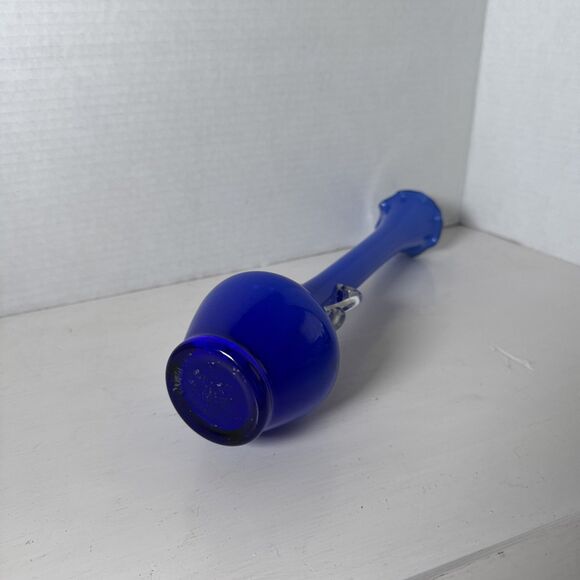 12” Tall 1950’s Handled Blue Glass Bud Vase Clear Handles White Interior - Picture 5 of 9